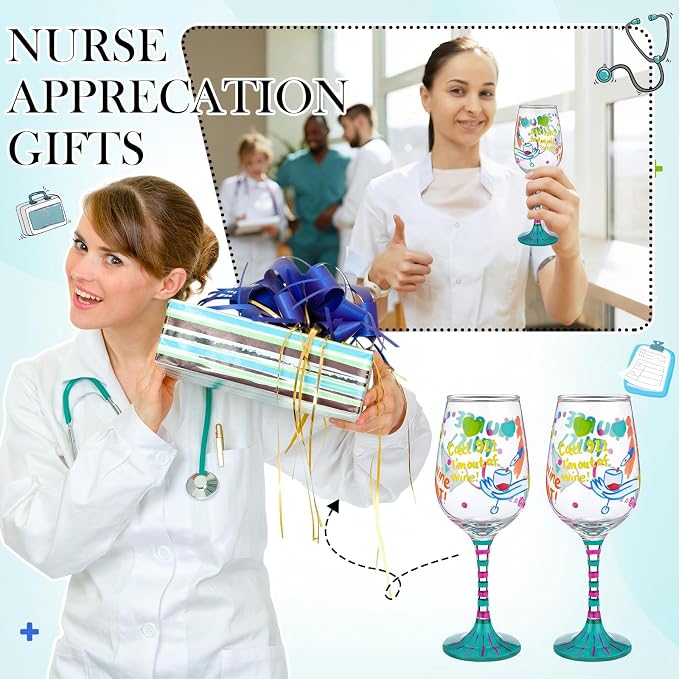 SiliFine 2 Pcs Nurse Stemmed Wine Glasses Hand Painted Drinking Cup Wine Glasses Gifts for Certified Nursing Assistants CNA Week Appreciation Nurses' Day Holiday Party Supplies