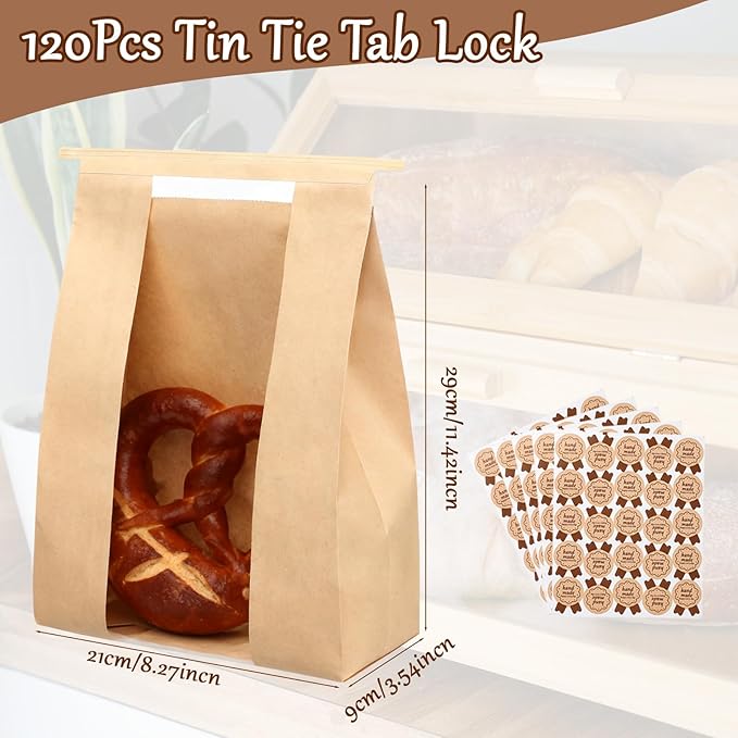 120 Pack Paper Bread Bags for Homemade Bread - Sourdough Bread Bags with Tin Tie Tab Lock Clear Front Window, Sourdough Bags Bread Storage Bakery Packaging 125 Cute Sealing Stickers