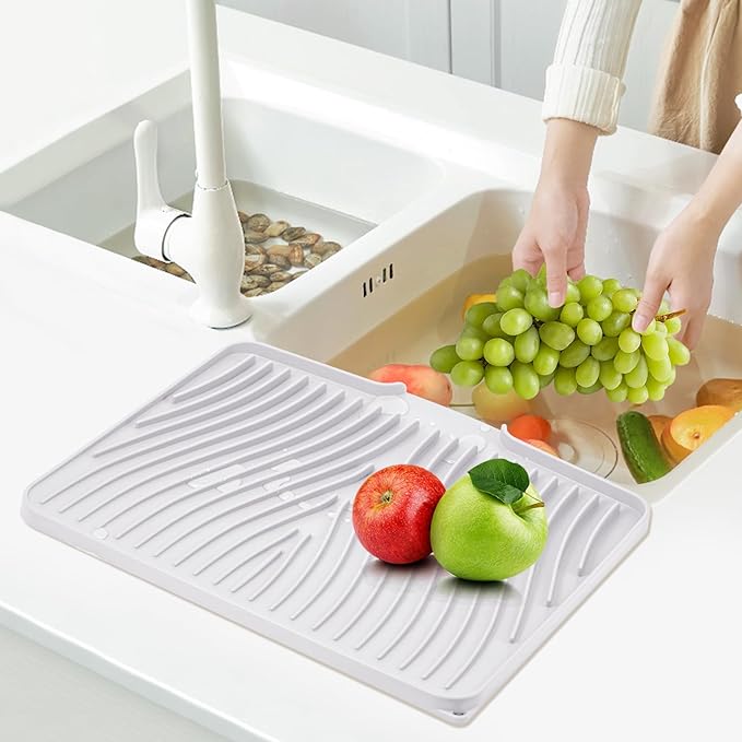 TIKNIK Silicone Dish Drying Mat, Stone Drying Mat for Kitchen Counter with Built-In Drain, Non-Slip Drain Pad with Built-in Drain, Heat Resistant Stone Drying Mat, Hangable, White-1pcs, 16" x 12"