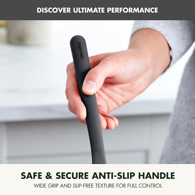 GreenPan Silicone Slotted Spoon, Cooking Kitchen Utensil, Mixing Stirring Serving, Flexible Rubber Nonstick Cookware, Rigid Steel Core Heat-Resistant, Anti-Slip Handle, BPA-Free, Dishwasher Safe, Gray