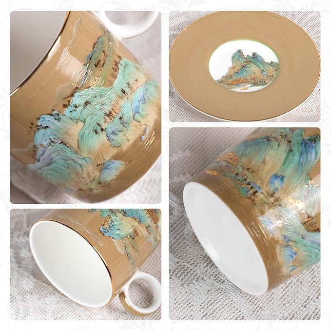 KAMMAK Tea Cups and Saucers Set of 2, Porcelain Coffee Cups, Stackable Espresso Mugs, Ceramic Demitasse for Coffee, Cappuccino, Latte, Americano, Tea, Small - River and Mountains