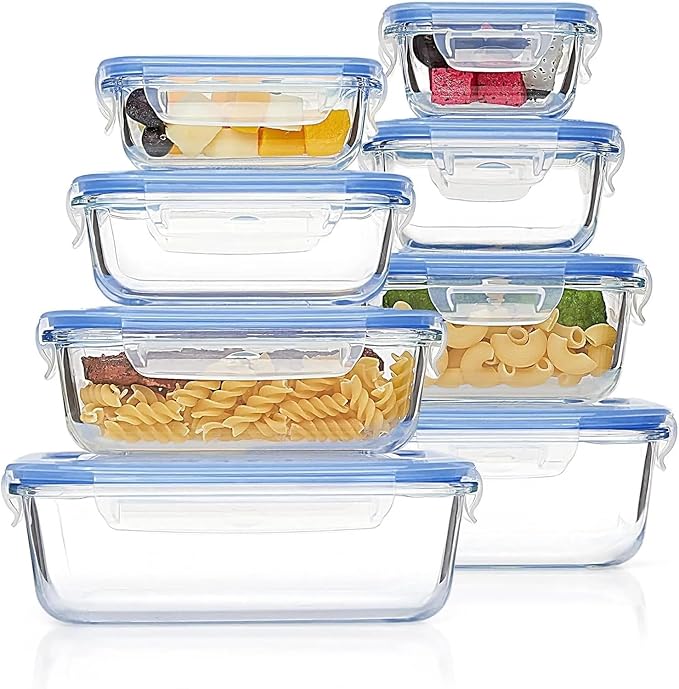 Vacuum Preservation Box 8 Pack Glass Food Storage Containers with Airtight Lids, Glass Meal Prep Containers, Bento Boxes for Lunch, for Microwave Crisper(Blue)
