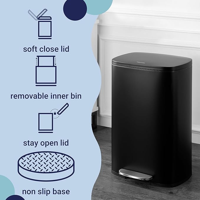 happimess HPM1006B Connor Rectangular 13-Gallon Trash Can with Soft-Close Lid and Free Mini Trash Can, Fingerprint Resistant, Modern, Minimalistic for Home, Kitchen, Office, Bathroom, Black