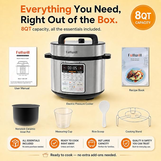 Fullwill 8QT Electric Pressure Cooker, 12-in-1, Ceramic Nonstick Pot, Sauté, 1200W Fast Cook, Slow Cook, Steam, Yogurt, Rice Cooker, for Family Meals, 1200W,Silver