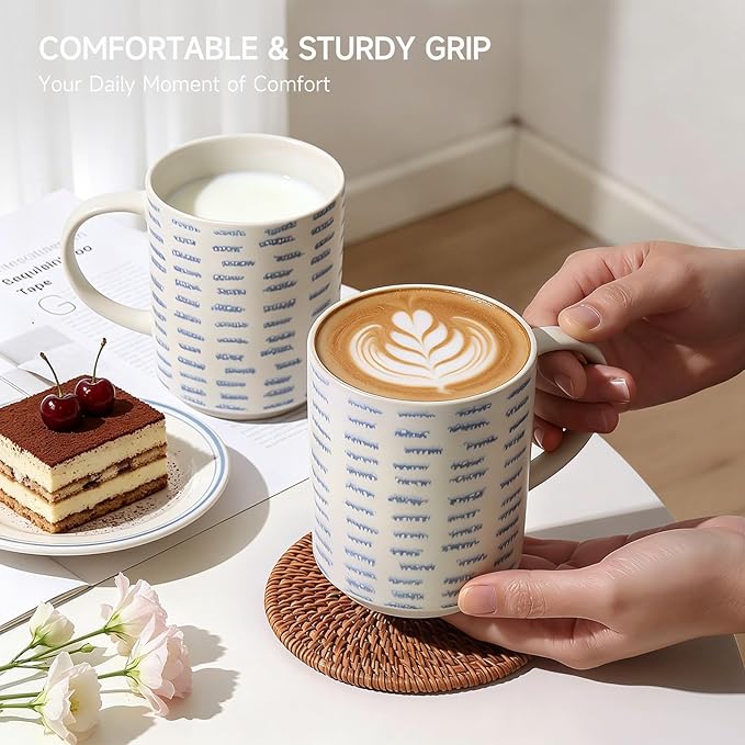 Coffee Mugs Set of 6, 17oz Ceramic Mugs with Handpainted Blue Gray Stripe Pattern, Modern Stackable Coffee Cups, Dishwasher and Microwave Safe Mugs for Home & Office (Horizontal Stripes)