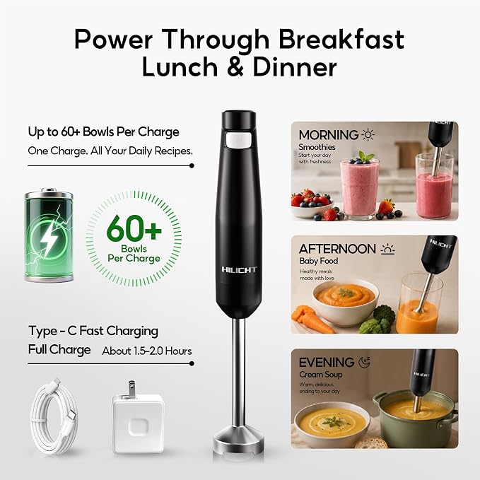 Cordless Immersion Blender, 3-in-1 Hand Blender with Charger | Blend Anywhere: Wall Charger, Brushless Motor, Whisk & Frother, 60+ Bowls, Smoothies, Soup, Baby Food
