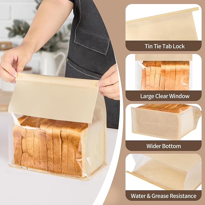 Ocmoiy 50Pcs Large Paper Bread Bags, Resealable Sourdough Bread Bags, Clear Front Tin Tie Tab Lock Bakery Storage Bag with Window Paper Treat Bag (8.7x4.3x11 Inch)