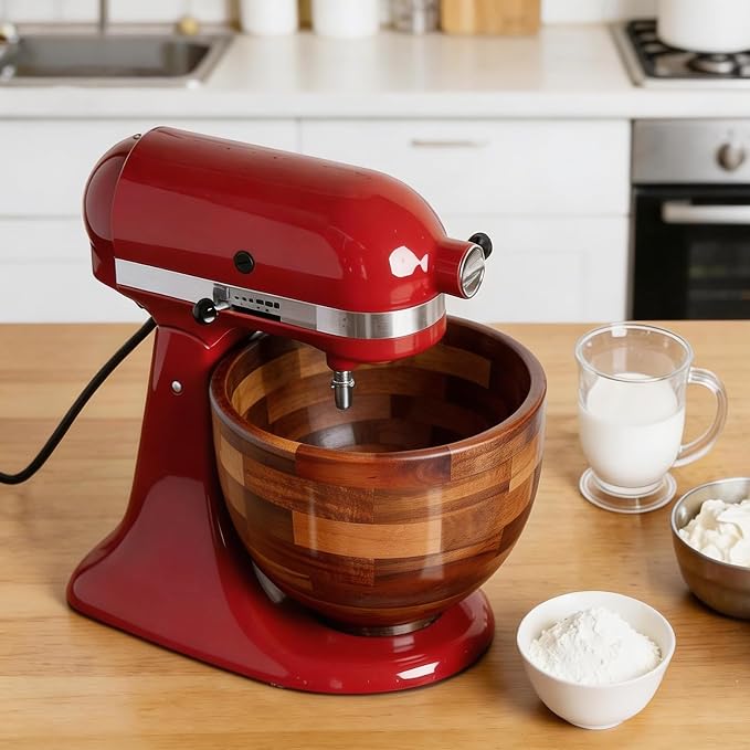 Wood Mixing Bowl for KitchenAid, 5QT Natural Acacia Wooden Bowl Compatible with KitchenAid 4.5&5 QT Tilt-Head Stand Mixer, with Stainless Steel Locking Base, for Baking & Mixing