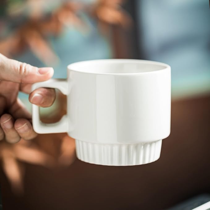 Miamolo Coffee Mugs Set of 4, Stackable Coffee Cups with Stand and Spoons | 11oz, Ceramic | for Espresso Cappuccino Latte Tea Drinks | Dishwasher & Microwave Safe | Housewarming Gift | White