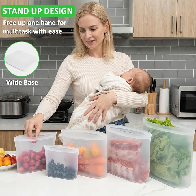 Premium Silicone Reusable Storage Bags, Large-Size Set, 8 Pack, 100% Platinum Silicone Food Storage Bag Stand-Up Wide-Mouth Zip-Lock, Microwave Dishwasher Freezer Safe, 4 XL + 4 L, Crystal-Clear