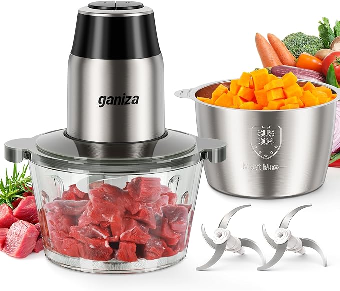 GANIZA Food Processors, Electric Chopper with Meat Grinder & Veggie Chopper - 2 Bowls (8 Cup+8 Cup) with Powerful 450W Copper Motor - Includes 2 Sets of Bi-Level Blades, 1 Small Clean Brush