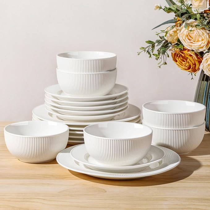 TheTerra Stoneware Dinnerware Sets for 6, 18 Pieces Ceramic Plates and Bowls Sets, Scratch Resistant Embossed Dish Set, Oven, Microwave & Dishwasher Safe, Bright White