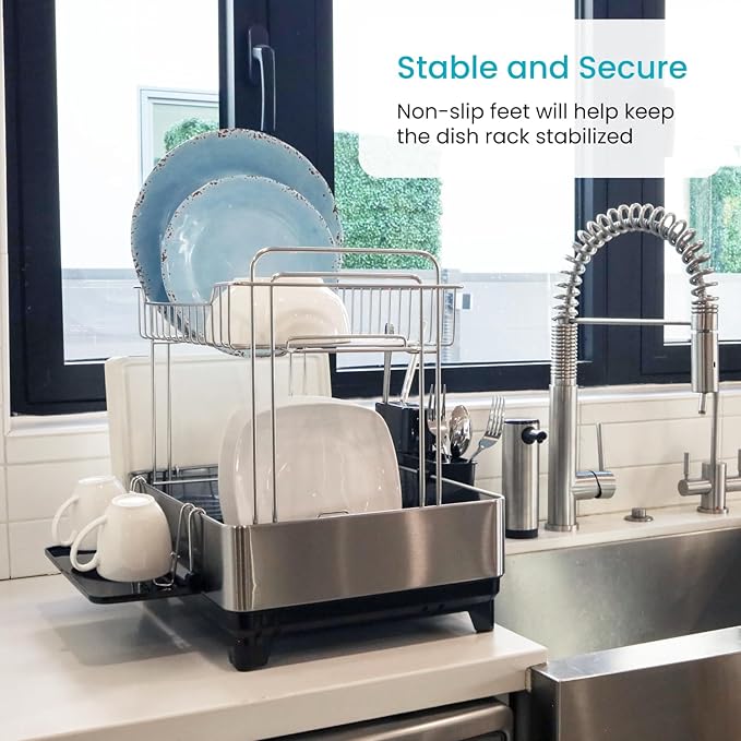 Home Zone Living Large 2-Tier Stainless Steel Dish Drying Rack with Drain Pipe and Utensil Holders