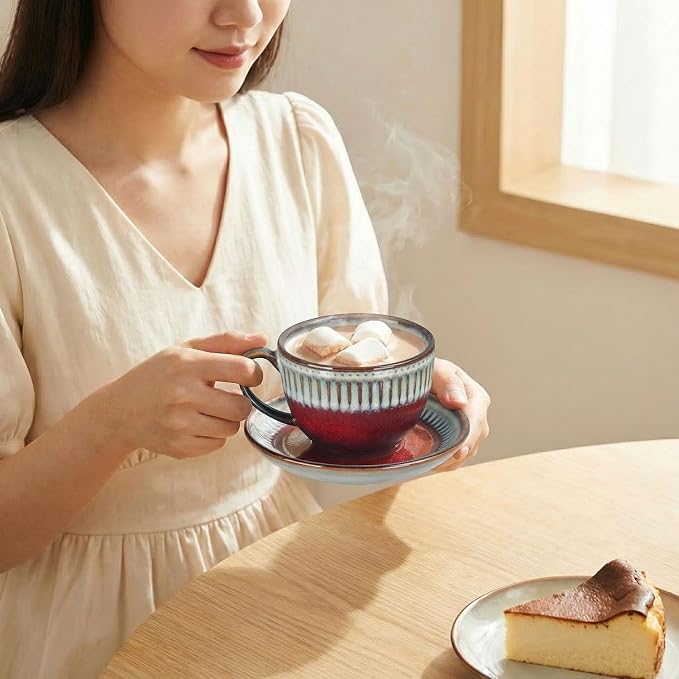 Cappuccino cup with tray, 8.5 oz. Set of 4 Ceramic Coffee Cups and Saucer Set for Latte, latte art cup, suitable for latte/cappuccino/milk/tea