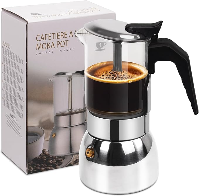 No Coating 4 Cup Glass Clear Moka Pot Thickened 304 Stainless Steel Stovetop Espresso Maker Italian Coffee Machine 200ml 6.8oz Classic Mocha Cafe Greca Coffee Suitable for Gas Induction