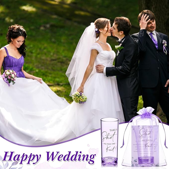 Sliner 50 Set Wedding Favors for Guests Bulk 2oz Acrylic Take a Shot We Tied the Knot Shot Glasses with Thank You Cards Organza Bags for Guest Souvenir Wedding Bridal Shower Gifts (Purple,Black)