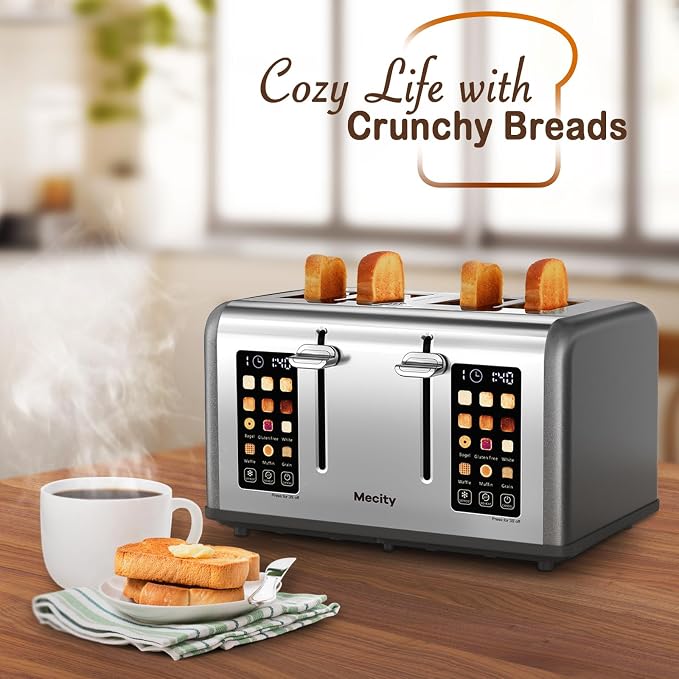 Mecity 4 Slice Toaster with Touch Screen Control, 4 Wide Slots, Stainless Steel Smart Bread Toaster for Bagels, Muffins, Waffles, Dual Control Panel, Timer, Defrost, Reheat, 120V 1650W, Pearl Grey