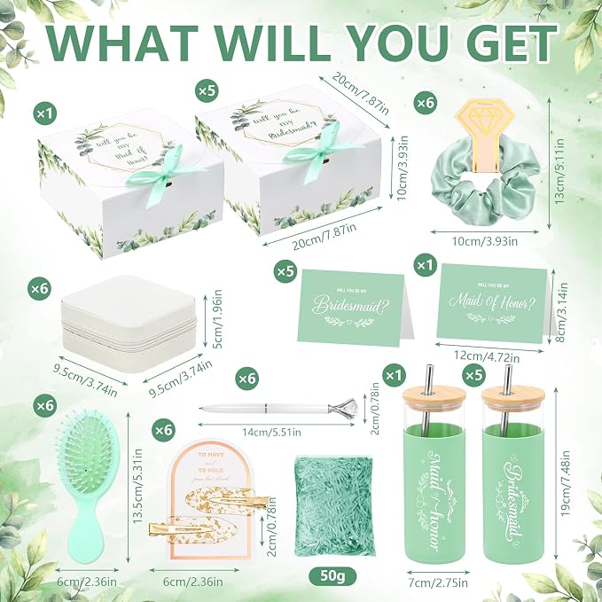 55 Pcs Bridesmaid Proposal Gifts of 6 Sets Maid of Honor Gifts Box Glass Cups Jewelry Box Scrunchies Hair Clips Pen and Invited Cards for Bachelorette Bridal Shower Wedding Party (Green, 6 Set)