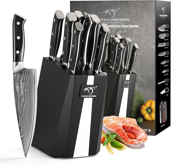 NANFANG BROTHERS Damascus Knife Set, 9-Piece VG10 Kitchen Knives with Block | 9-piece professional Damascus kitchen knife set with VG10 steel core, 66 layers, wood block, and ABS handles
