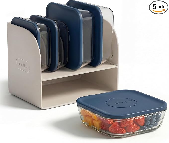 SMIRLY Glass Food Storage Containers with Lids Set, Borosilicate Glass Meal Prep Containers with Airtight Lids & Organizer, Stackable Glass Containers for Healthy Cooking, 5-Pack, Blue