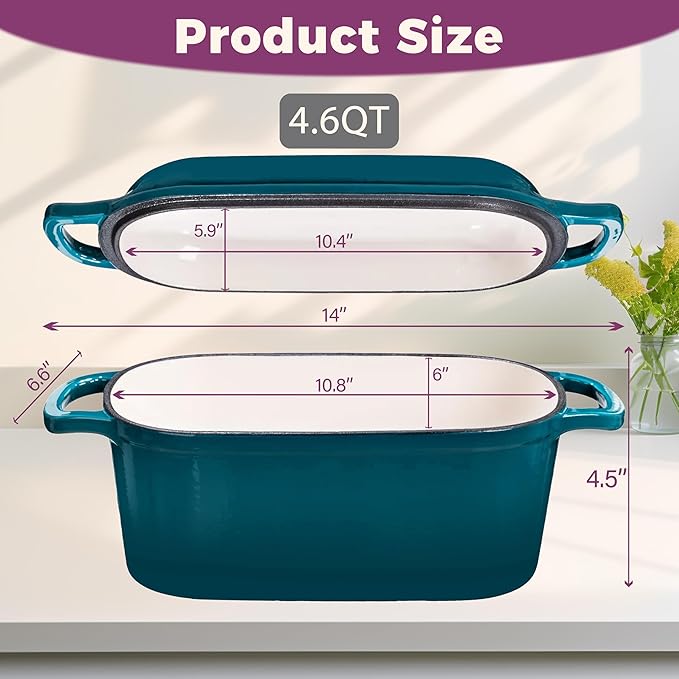 4.6-Quart Oval Dutch Oven for Bread Baking, 2 in 1 Enameled Cast Iron Bread Pan with Lid, Sourdough Baking Pan for a Crispy Crust, Teal