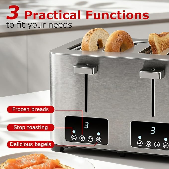 Toaster 4 Slice, Techwood Stainless Steel 4-Slice Toaster Wide Solt with LED Display & 6 Shade Settings, Perfect for Bagels, Waffles and More, Cancel/Defrost Functions & Removable Crumb Trays, 1500W