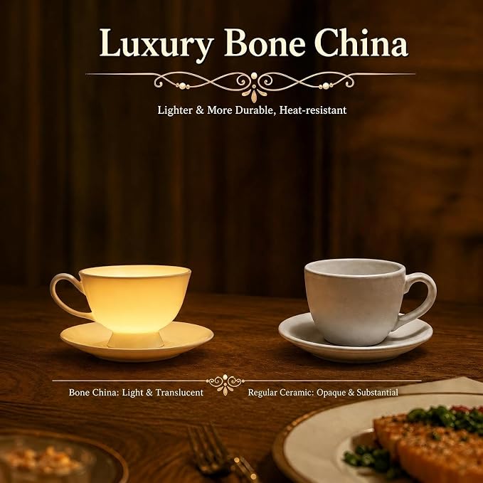Fine Bone China Espresso Cups and Saucers Set of 4, 5 Oz Classic White Tea Cup Set for Coffee, Cappuccino, Latte, Afternoon Tea, Wedding, Festival Gift