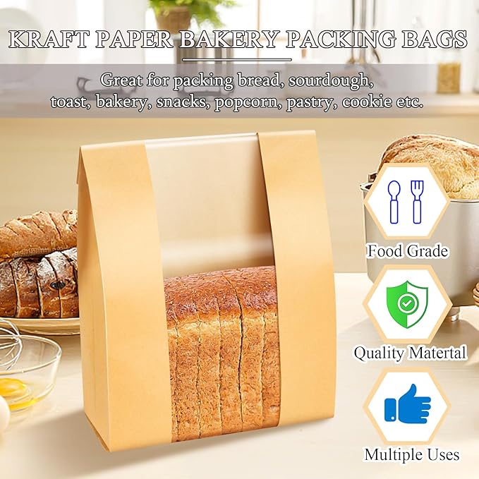 ONLYFU 200 Pack Paper Sourdough Bread Bags, 14" x 8.3" x 3.5" Large Baked Cookies Storage Bag with Clear Window for Bakery Homemade Bread, Brown Bread Packaging Bags with 200 Label Seal Stickers