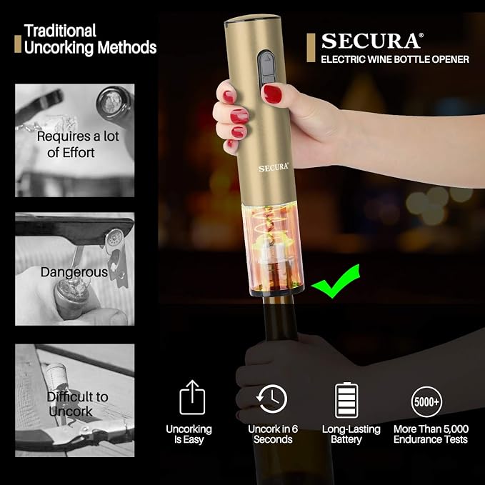 Secura Electric Wine Opener, Automatic Bottle Corkscrew Opener with Foil Cutter, Rechargeable (Champagne Gold)