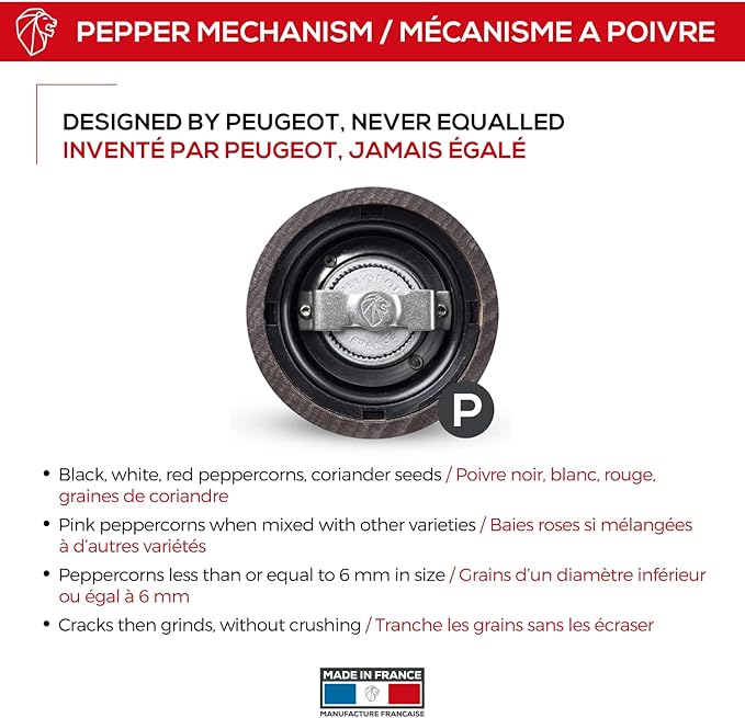 Peugeot Made in France- Paris u'Select Manual Pepper Mill - Adjustable Grinder -PEFC Certified Beechwood, 27 cm - 10.75 in. Chocolate