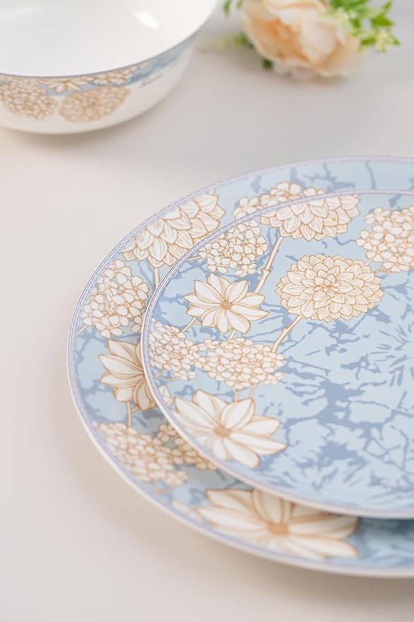 FHGNYSM High Bone China Dinnerware Set, 12-Piece Artistic Blue Plates and Bowls, Lightweight & Chip Resistant Ceramic Service for 4, Dishwasher Safe Elegant Kitchen Dining