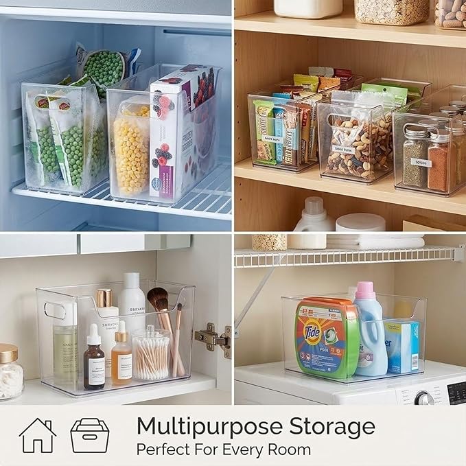 Crystal Clear Freezer Storage Bins, Stackable Fridge Organizer Bins with Handles, Clear Plastic Food Containers for Refrigerator and Pantry, Kitchen Organization for Meat & Veggies (Clear*8, S+L)