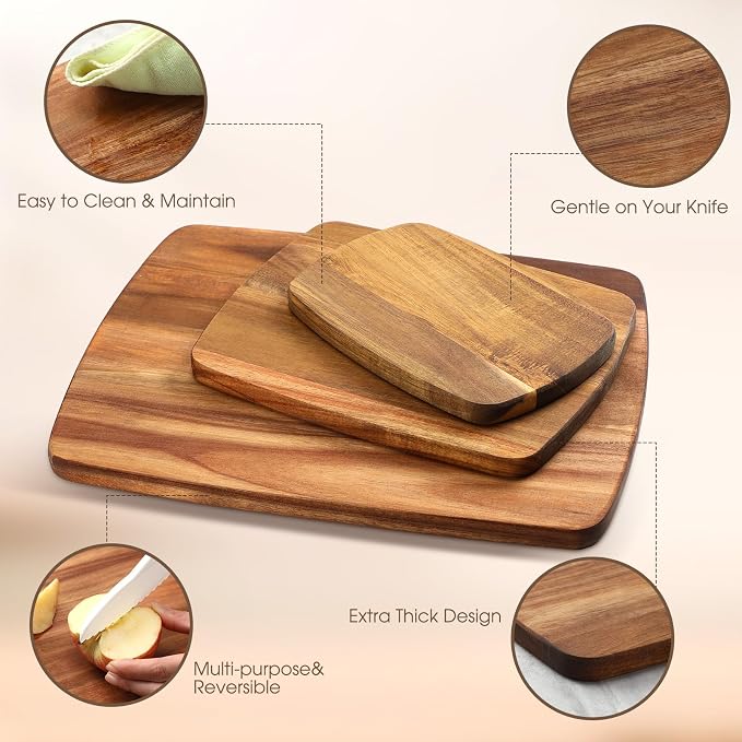 GlikCeil 12 Pcs Thick Acacia Wood Cutting Boards for Kitchen Reversible Wooden Chopping Board Set Double Sided Charcuterie Boards for Meat Cheese Meal Supplies(3 Sizes)