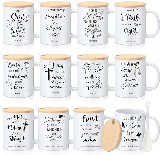 Didaey 12 Sets Christian Gifts Bulk Religious Coffee Mugs 12oz Bible Verses White Ceramic Cup with Lid Handle Spoon Inspirational Mug Church Gift for Men Coworker Employee Staff(Religious)