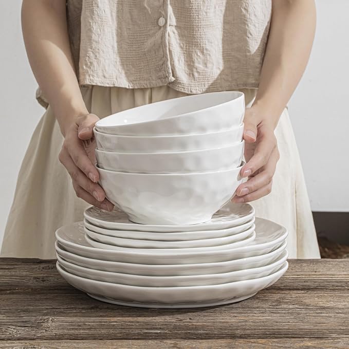 HOMBENE Large Dinnerware Set 16 Piece Service for 4, Plates and Bowls Sets, High-fired at 2372°F, for Dessert Salad and Pasta, Dishes Set w/Cereal Bowls