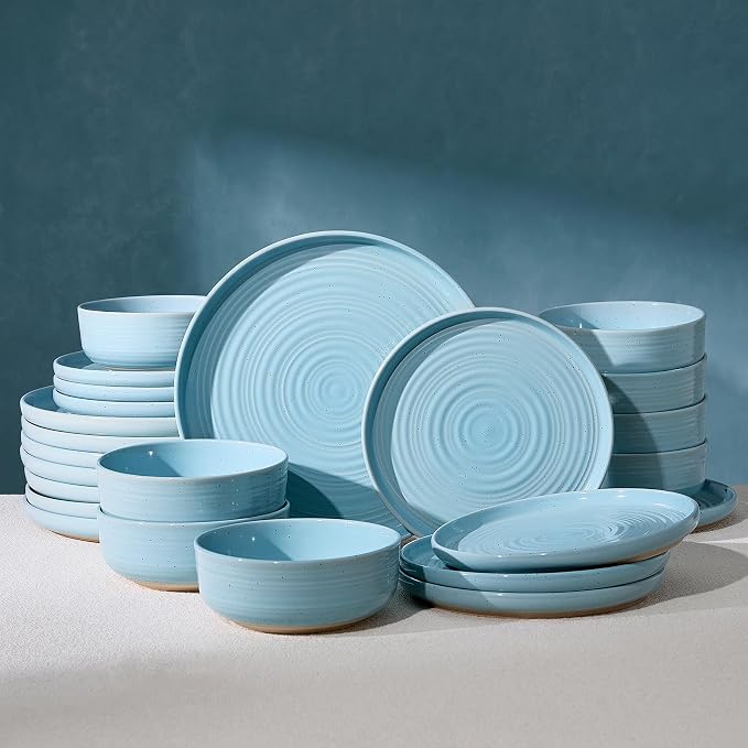 24-Piece Stoneware Dinnerware Sets for 8 - Farmhouse Coupe Plates and Bowls with Speckles & Spirals - Chip & Scratch Resistant, Microwave & Dishwasher Safe - Gift Box, Ice Blue