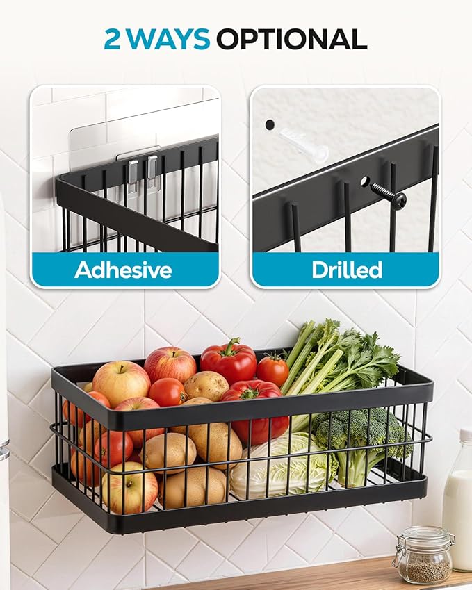 Nieifi Hanging Fruit Basket 4 Pack, Wall Mounted or Adhesive Kitchen Storage Baskets with Hooks Rack & Paper Towel Holder for Pantry, Fruit & Vegetable Storage