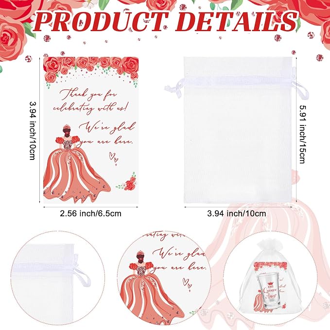 Havawish 25 Sets Quinceanera Party Favors for Guests Quinceanera Acrylic Clear Personalized Shot Glasses Thank You Cards with Organza Bags Mis Xv Años Sweet 15 Birthday Party Favors (Red)