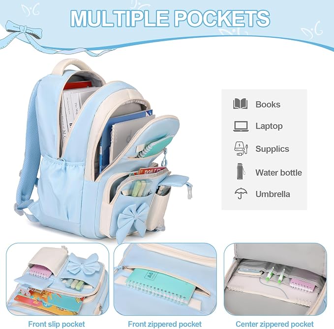 DIGOBAY Girls Backpack - Kids Bento Box Set with Insulated Lunch Bag, Cutlery and Pencil Case, 6 Leak-Proof Compartments, Removable Tray for Girls, Teens School Picnic (Blue)