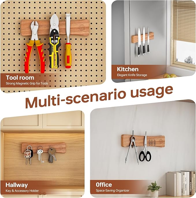 Knife Magnetic Strip, 10 Inch Solid Oak Magnetic Knife Holder for Wall with N52 Super Strong Magnets, Premium Magnetic Knife Strip Organizer for Kitchen Knives & Tools-Renter Friendly
