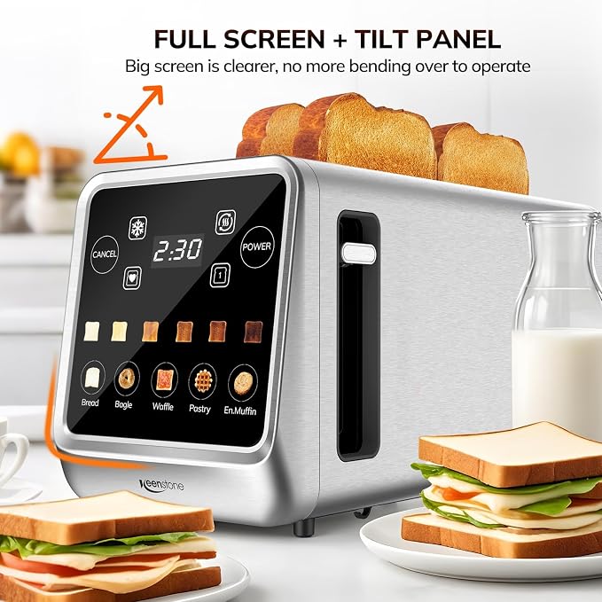 Keenstone 4 Slice Touch Screen Toasters with Wide Slot, 1400W Stainless Steel Smart Toaster for Bagels, Waffles, Muffin - Timer, Defrost, Reheat & Memory Function, Family Breakfast Toaster