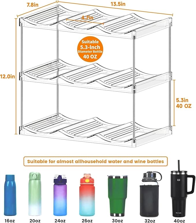 Yieach 2 Pack 2 Tier Waterbottle Organizer for Cabinet - Large Compartment Stackable Water Bottle Holder,Wine Bottle Rack,Acrylic Water Bottle Organizer Rack for 40 oz Stanley Cup,Yeti,Tumbler Shelf