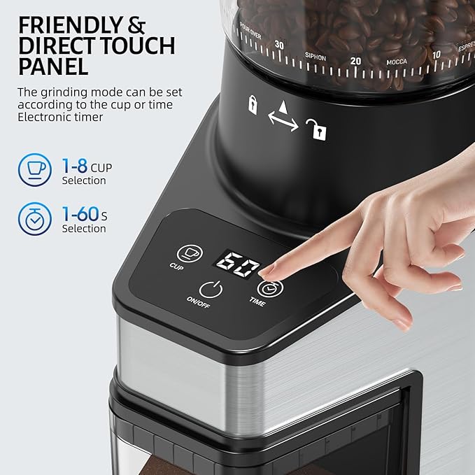 Burr Coffee Grinder Electric, Coffee Bean Grinder with 60 Adjustable Grind Settings, 60s Precision Timer & 1-8 Cup, Anti-static
