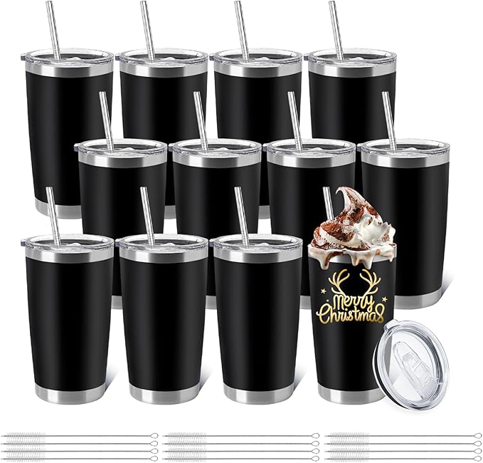 YOUKE OLA 12 Pieces Insulated Coffee Tumbler Blank Stainless Steel Double Wall Vacuum Travel Tumbler Cup with Lid and Straw for DIY Gift, Black 20oz