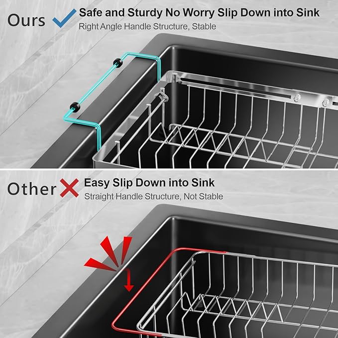 GSlife Over Sink Dish Drying Rack - Large Expandable Stainless Steel in Sink Dish Drainer with Square Corners, Rust Resistant with Lock Knob, Heavy Duty Fit for Modern Single & Double Sinks, Black