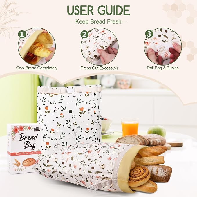 Beeswax Bread Bags for Sourdough, 2 Pack Reusable Bread Bag for Storage XL 17x13 Inch, Large Canvas Lined Bags for Homemade Sourdough - Keep Fresh, Freezer Safe
