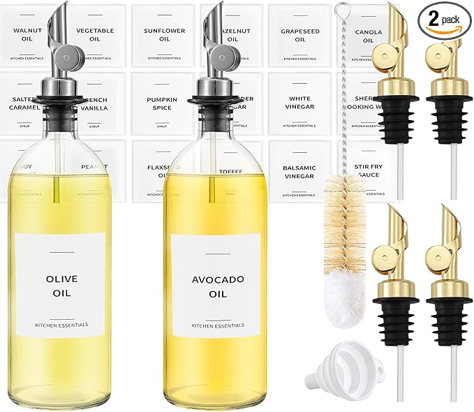 Spaceneat Olive Oil Dispenser 2-Pack, Silver, 16.9 fl oz & 4 Extra Oil Spouts (Gold)