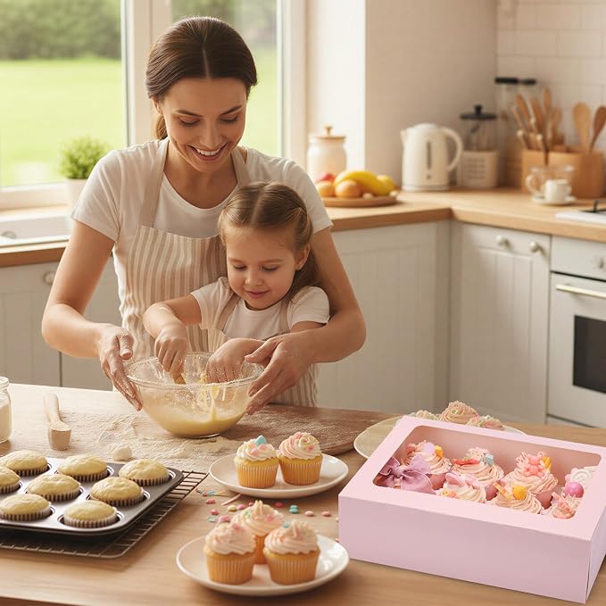 Moretoes 12 Count Cupcake Boxes, 7PCS Auto-Popup Cupcake Container with Window Boxes, Pastry Box for Birthday Holiday Party Bakery Supplies (Pink)
