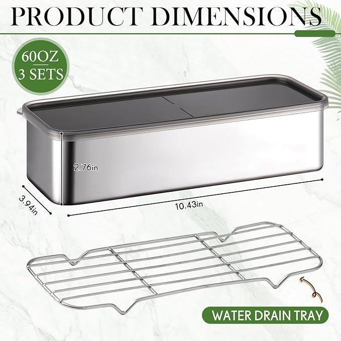 Hushee 3 Set 304 Stainless Steel Containers for Fridge with Removable Drain Tray 60 oz Rectangular Airtight Food Container with Lids for Fruit Bacon Deli Meat Storage(10.43 x 3.94 x 2.76 Inch)