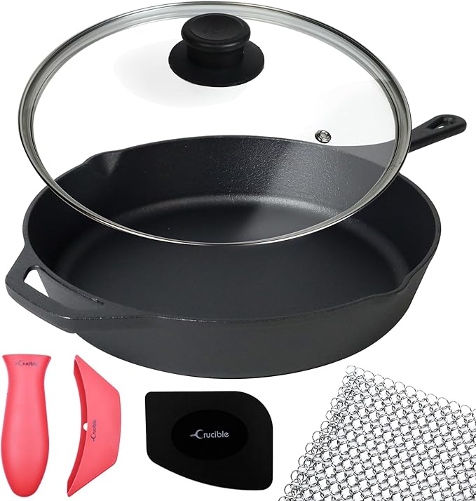 10.25-Inch Cast Iron Skillet Set (Pre-Seasoned), Including Large & Assist Silicone Hot Handle Holders, Glass Lid, Cast Iron Cleaner Chainmail Scrubber, Scraper | Indoor & Outdoor Use